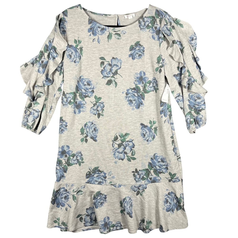 Westport Floral Shift Dress Womens Large Grey Blue Ruffle Sleeve New 0660571